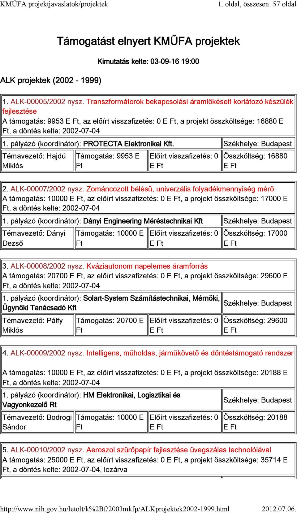 pályázó (koordinátor): PROTECTA Elektronikai Kft. Hajdú Miklós Támogatás: 9953 E 0 Összköltség: 16880 2. ALK-00007/2002 nysz.
