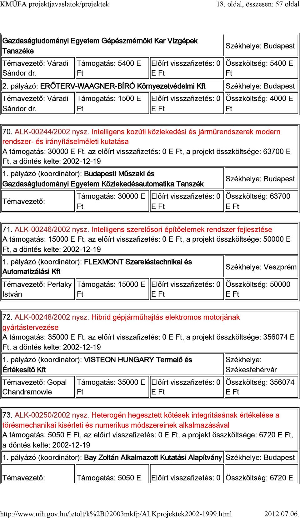 Intelligens kozúti közlekedési és járműrendszerek modern rendszer- és irányításelméleti kutatása A támogatás: 30000, az előírt visszafizetés: 0, a projekt összköltsége: 63700 E, a döntés kelte: