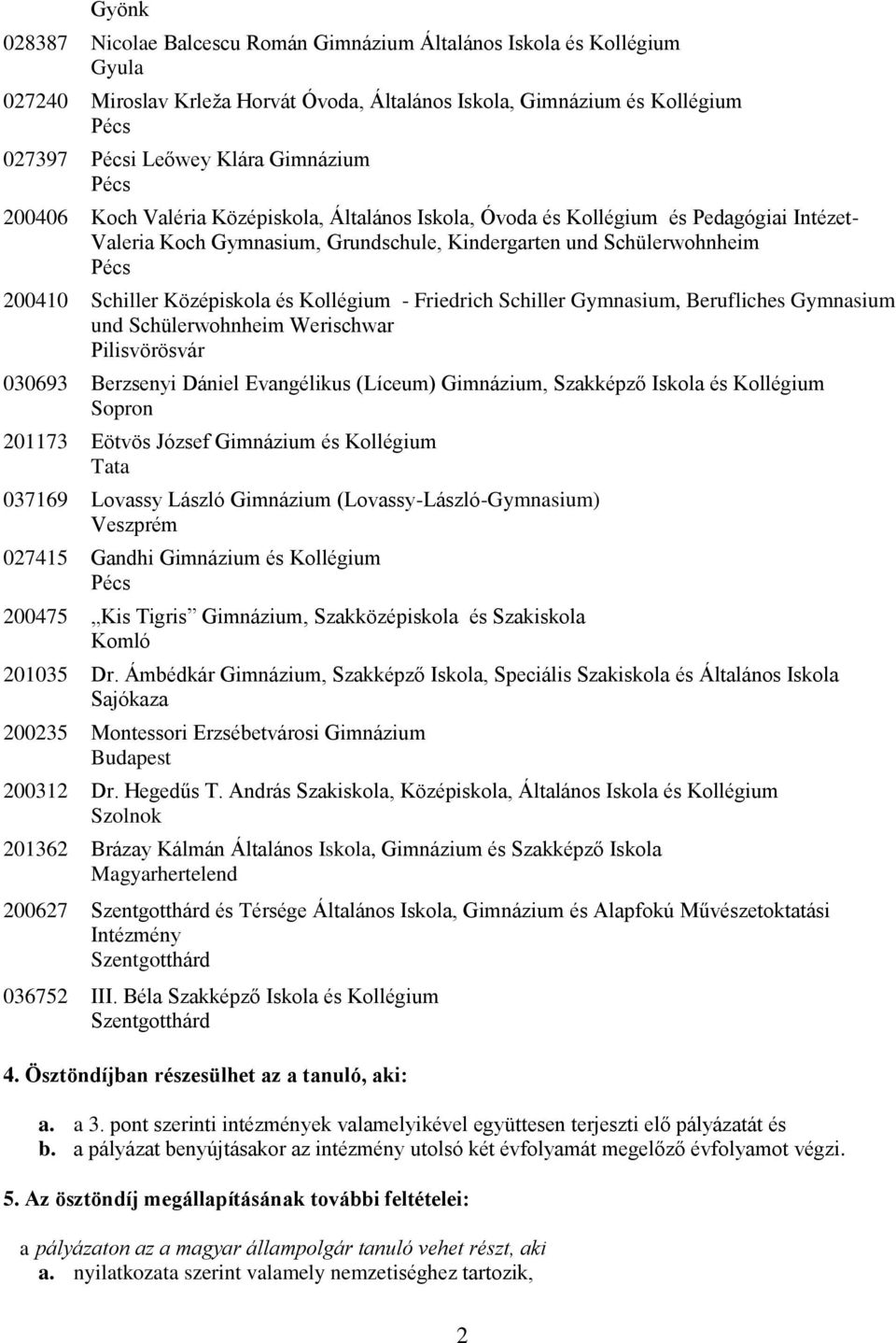 Friedrich Schiller Gymnasium, Berufliches Gymnasium und Schülerwohnheim Werischwar Pilisvörösvár 030693 Berzsenyi Dániel Evangélikus (Líceum) Gimnázium, Szakképző Iskola és Kollégium Sopron 201173