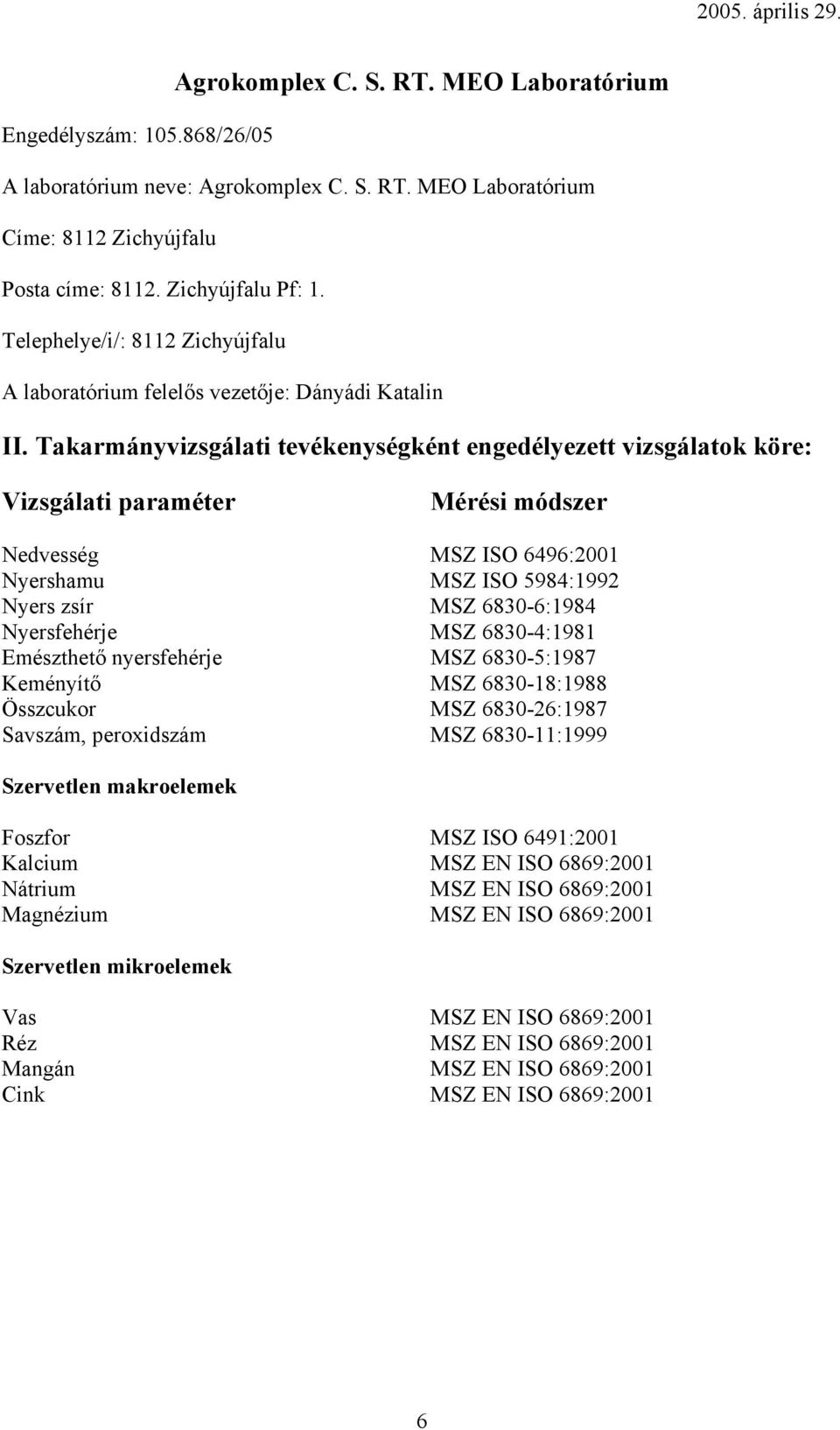 Telephelye/i/: 8112 Zichyújfalu A laboratórium felelős vezetője: Dányádi Katalin Nyers zsír MSZ 6830-6:1984 Nyersfehérje MSZ 6830-4:1981 Emészthető nyersfehérje