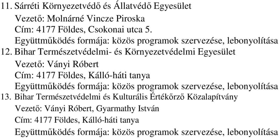 Bihar Természetvédelmi- és Környezetvédelmi Egyesület Vezető: Ványi Róbert Cím: 4177 Földes, Kálló-háti tanya Együttműködés formája: közös