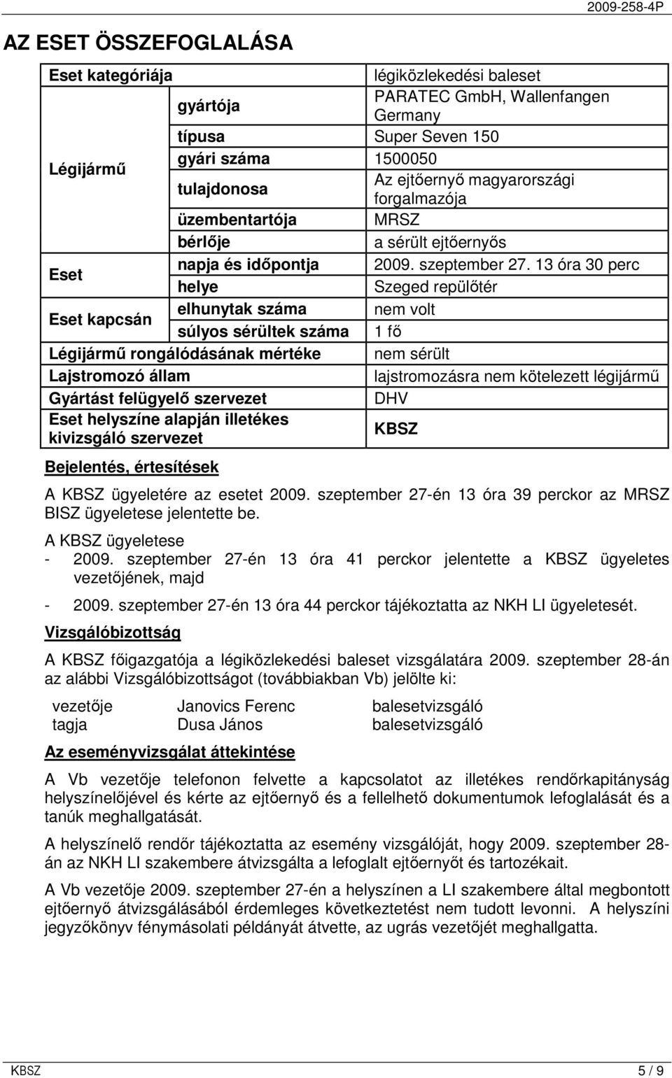 13 óra 30 perc helye Szeged repülıtér elhunytak száma nem volt Eset kapcsán súlyos sérültek száma 1 fı Légijármő rongálódásának mértéke nem sérült Lajstromozó állam lajstromozásra nem kötelezett