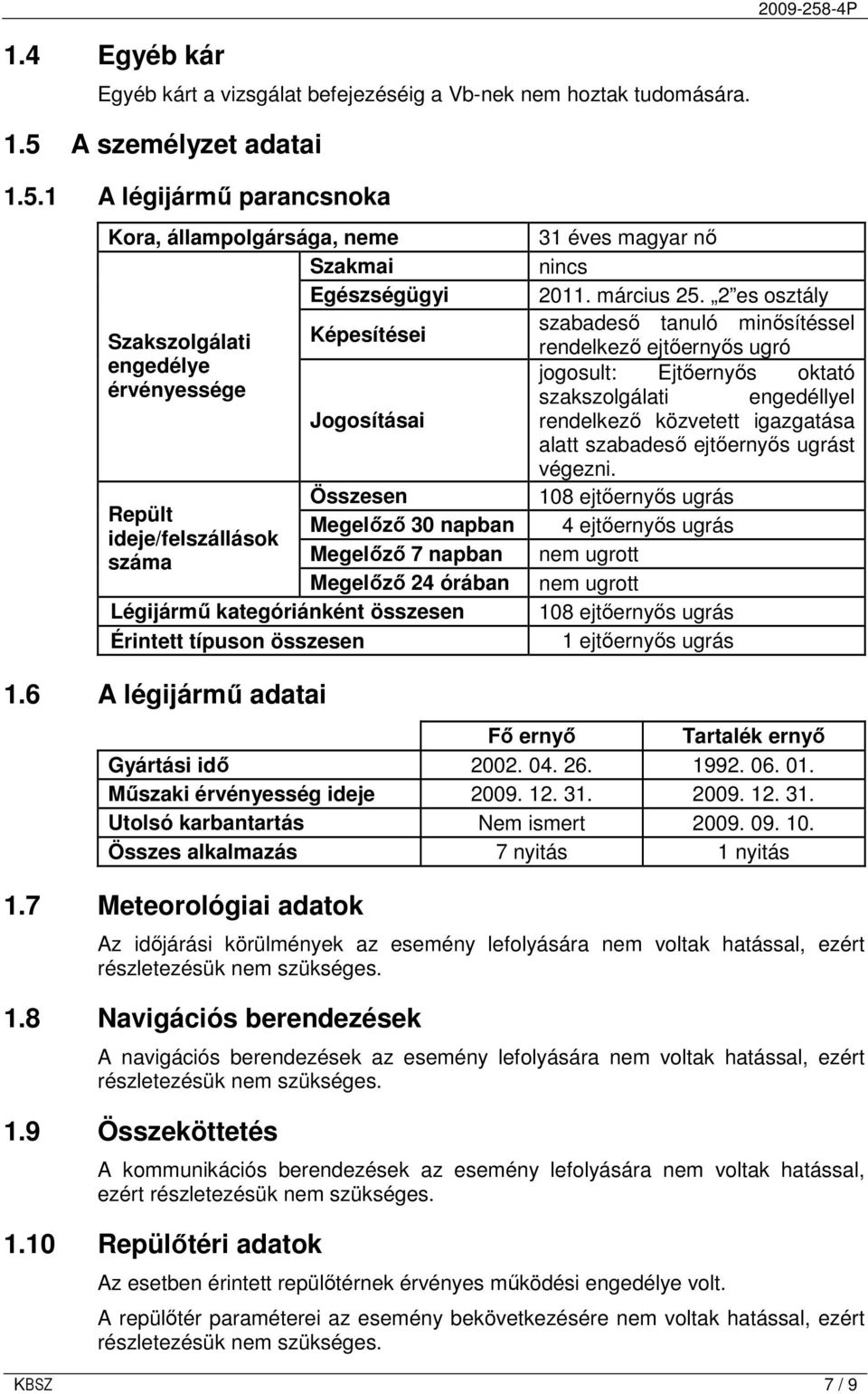 1 A légijármő parancsnoka Kora, állampolgársága, neme Szakmai Egészségügyi Szakszolgálati engedélye érvényessége Képesítései Jogosításai Összesen Repült Megelızı 30 napban ideje/felszállások száma