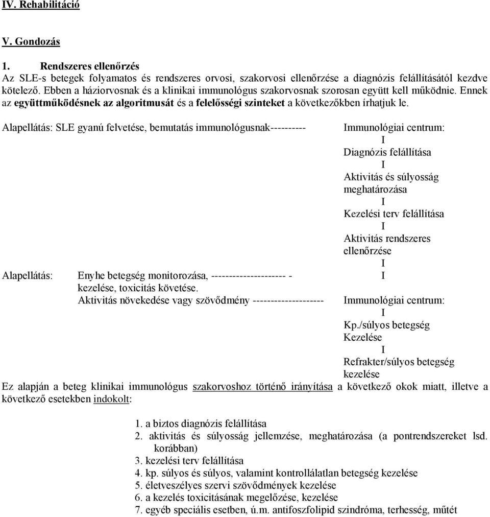 Alapellátás: SLE gyanú felvetése, bemutatás immunológusnak---------- Alapellátás: Enyhe betegség monitorozása, --------------------- - I kezelése, toxicitás követése.