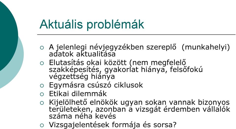 hiánya Egymásra csúszó ciklusok Etikai dilemmák Kijelölhető elnökök ugyan sokan vannak