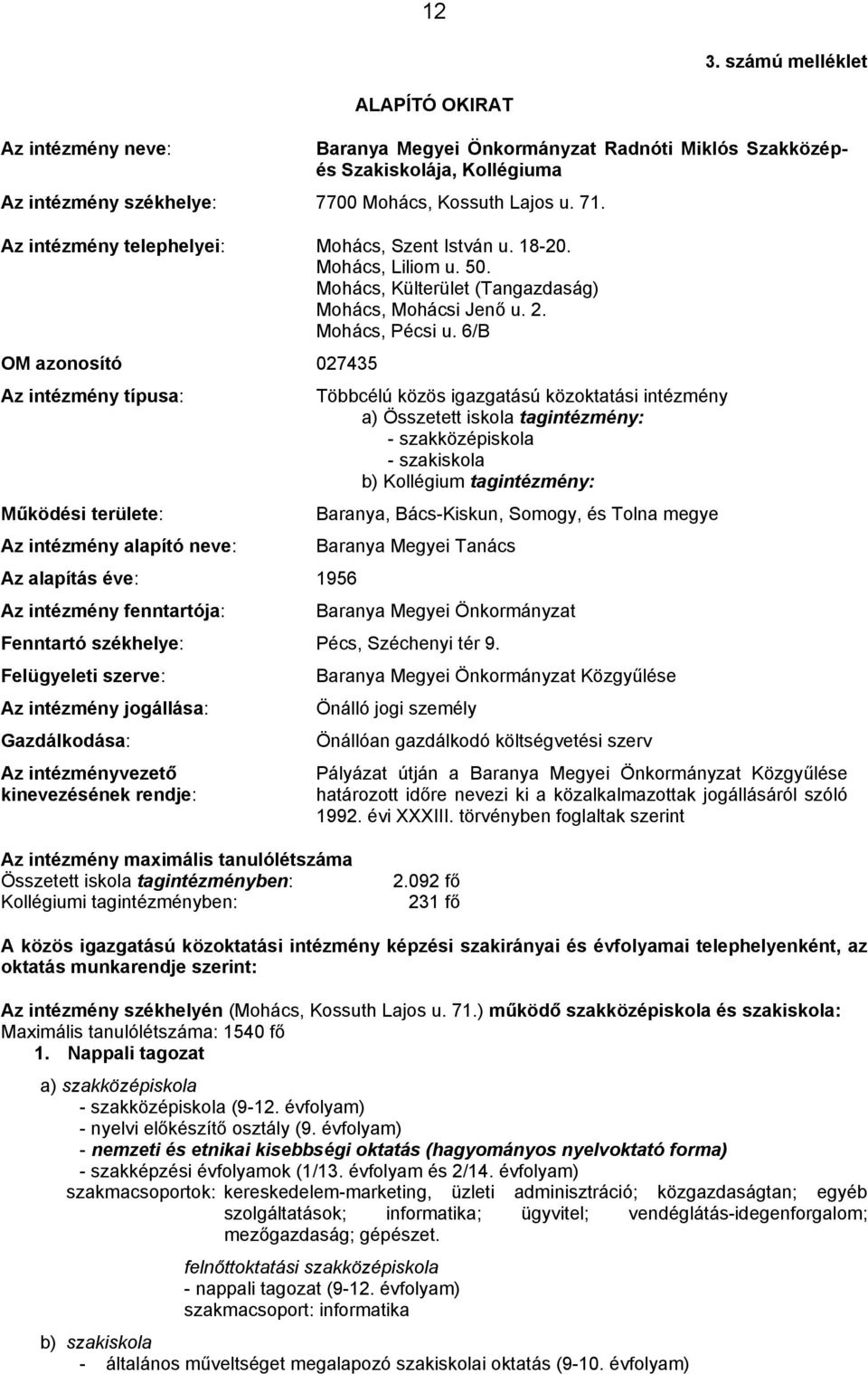 6/B OM azonosító 027435 Az intézmény típusa: Többcélú közös igazgatású közoktatási intézmény a) Összetett iskola tagintézmény: - szakközépiskola - szakiskola b) Kollégium tagintézmény: Működési