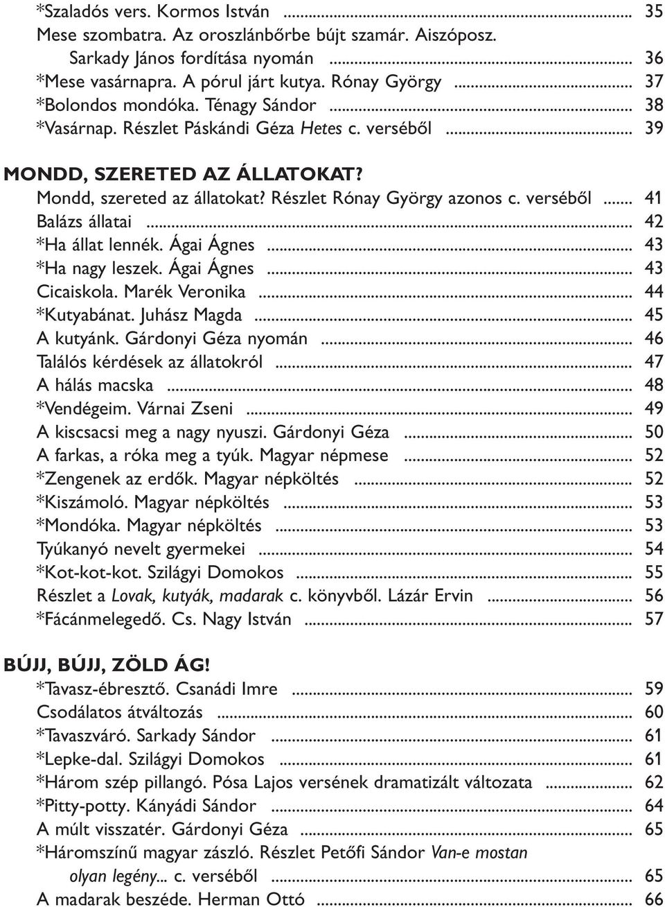 versébõl... 41 Balázs állatai... 42 *Ha állat lennék. Ágai Ágnes... 43 *Ha nagy leszek. Ágai Ágnes... 43 Cicaiskola. Marék Veronika... 44 *Kutyabánat. Juhász Magda... 45 A kutyánk.