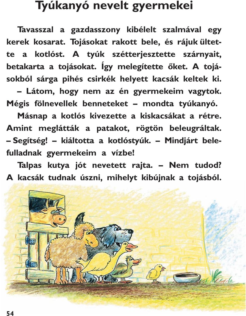 Látom, hogy nem az én gyermekeim vagytok. Mégis fölnevellek benneteket mondta tyúkanyó. Másnap a kotlós kivezette a kiskacsákat a rétre.