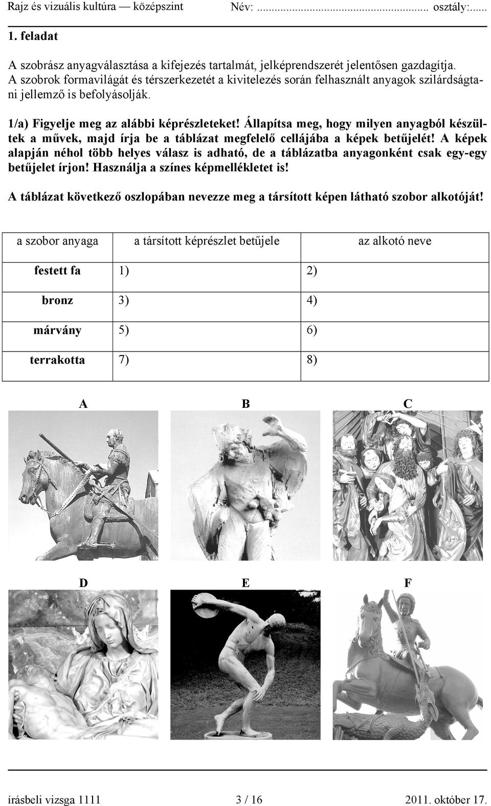 Állapítsa meg, hogy milyen anyagból készültek a művek, majd írja be a táblázat megfelelő cellájába a képek betűjelét!