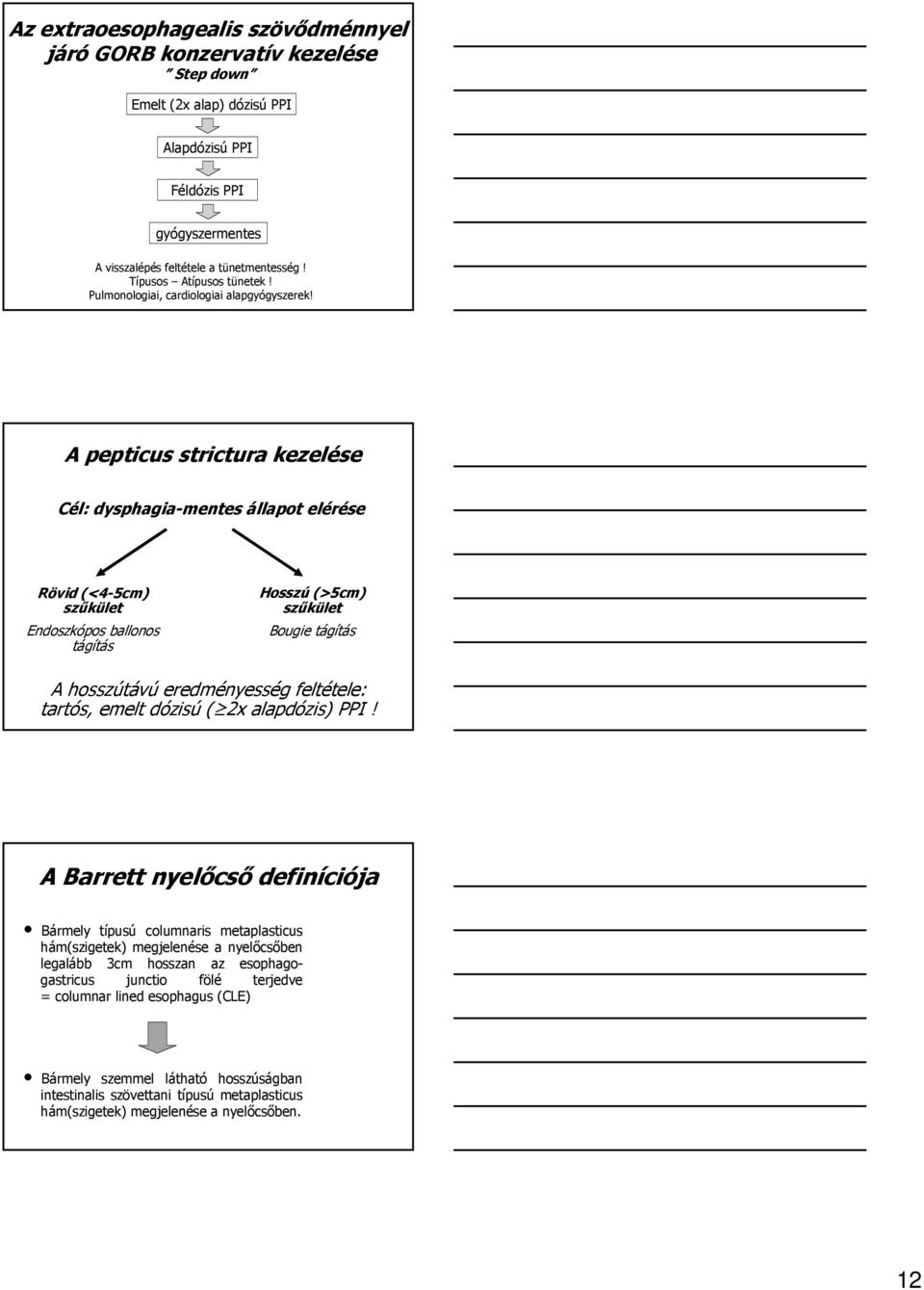 A pepticus strictura kezelése Cél: dysphagia-mentes állapot elérése Rövid (<4-5cm) szőkület Endoszkópos ballonos tágítás Hosszú (>5cm) szőkület Bougie tágítás A hosszútávú eredményess nyesség