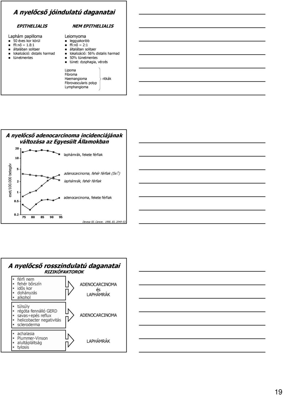 tünet: dysphagia, vérzv rzés Lipoma Fibroma Haemangioma Fibrovascularis polyp Lymphangioma ritkák A nyelıcs csı adenocarcinoma incidenciájának nak változása az Egyesült Államokban 20 - laphámrák,