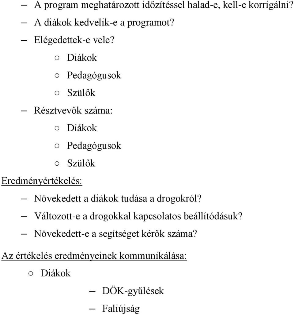 Diákok Pedagógusok Szülők Résztvevők száma: Diákok Pedagógusok Szülők Eredményértékelés: Növekedett a