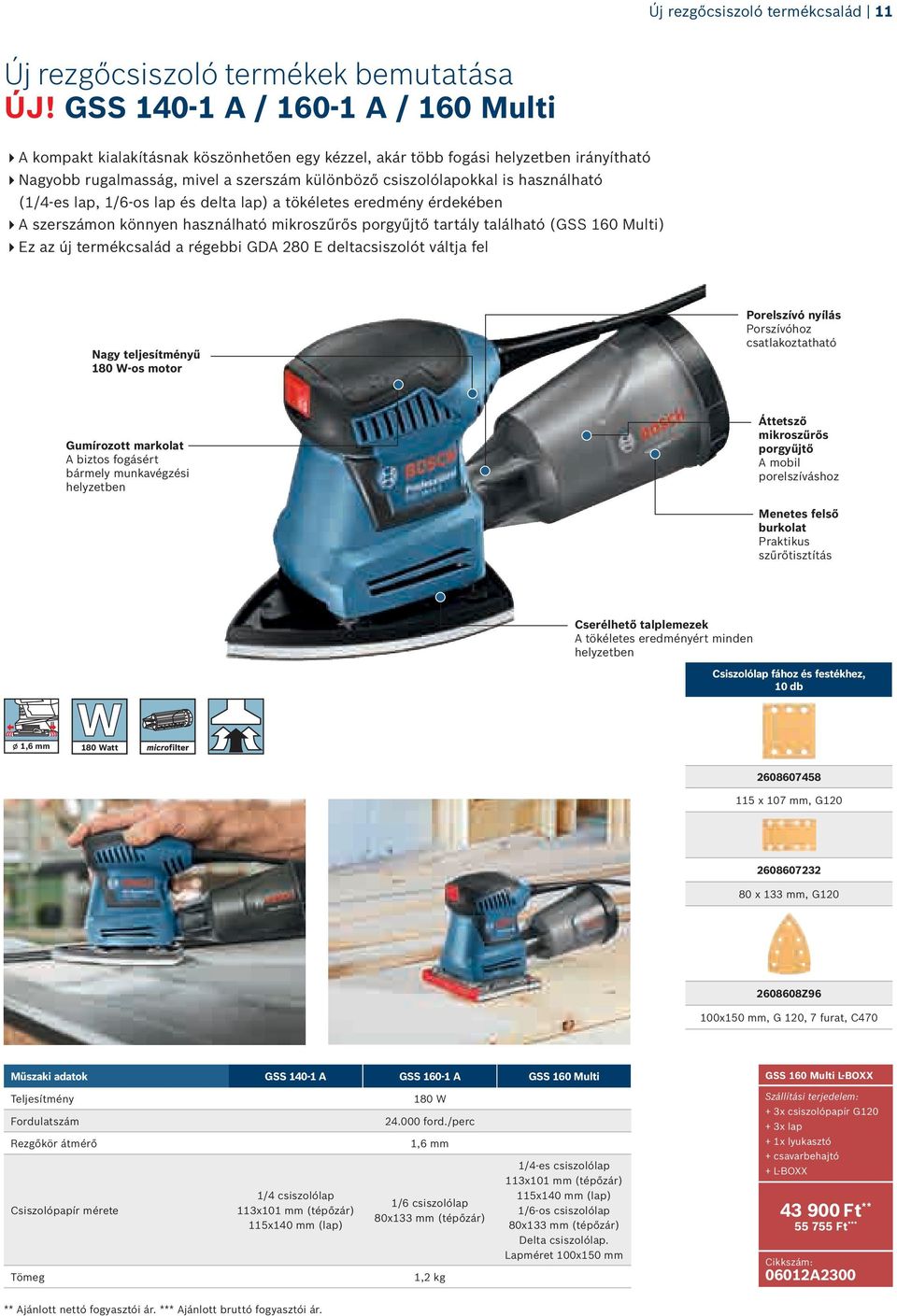használható (1/4-es lap, 1/6-os lap és delta lap) a tökéletes eredmény érdekében A szerszámon könnyen használható mikroszűrős porgyűjtő tartály található (GSS 160 Multi) Ez az új termékcsalád a