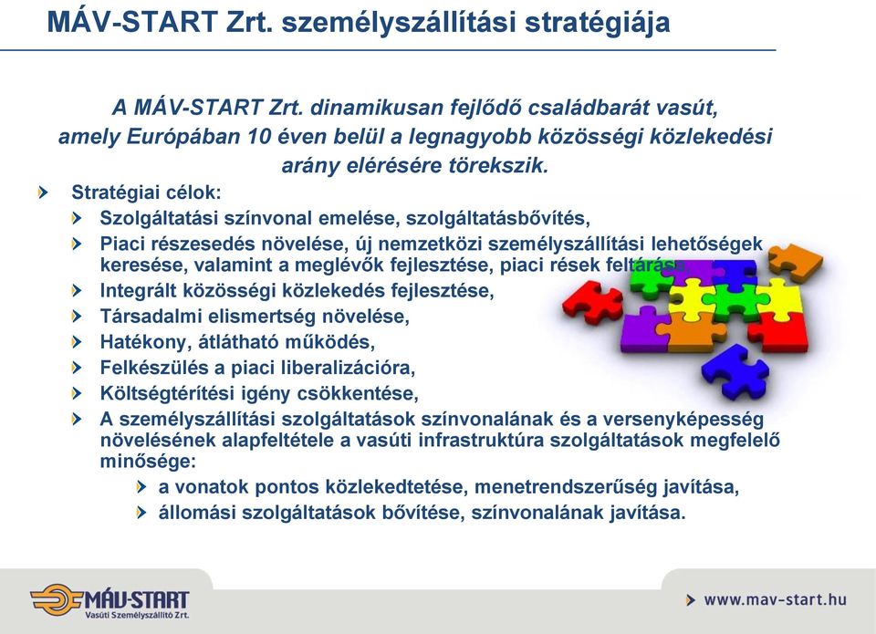 feltárása, Integrált közösségi közlekedés fejlesztése, Társadalmi elismertség növelése, Hatékony, átlátható működés, Felkészülés a piaci liberalizációra, Költségtérítési igény csökkentése, A