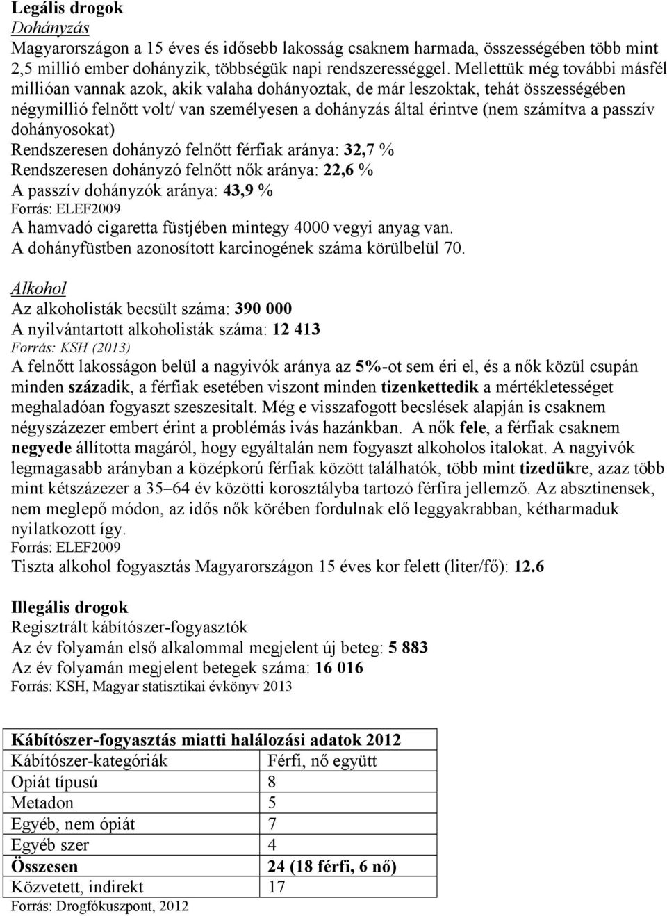 passzív dohányosokat) Rendszeresen dohányzó felnőtt férfiak aránya: 32,7 % Rendszeresen dohányzó felnőtt nők aránya: 22,6 % A passzív dohányzók aránya: 43,9 % A hamvadó cigaretta füstjében mintegy