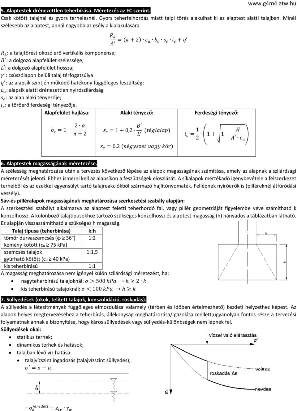 R k A = (π + 2) c u b c s c i c + q R k : a talajtörést okozó erő vertikális komponense; B : a dolgozó alapfelület szélessége; L : a dolgozó alapfelület hossza; γ : csúszólapon belüli talaj