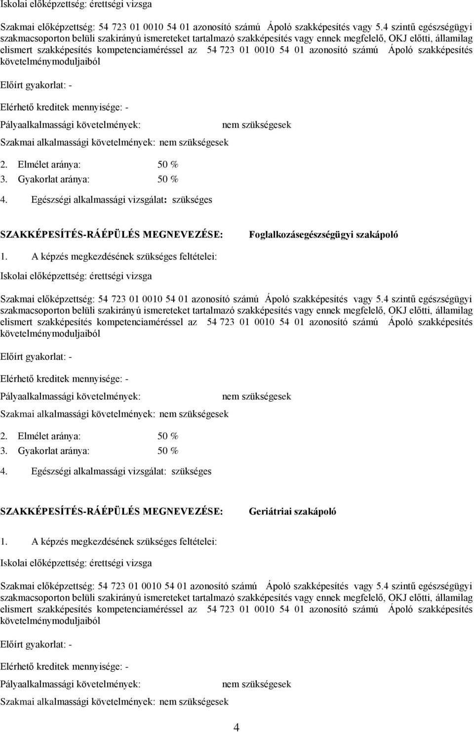 54 01 azonosító számú Ápoló szakképesítés követelménymoduljaiból Előírt gyakorlat: - Elérhető kreditek mennyisége: - Pályaalkalmassági követelmények: Szakmai alkalmassági követelmények: nem