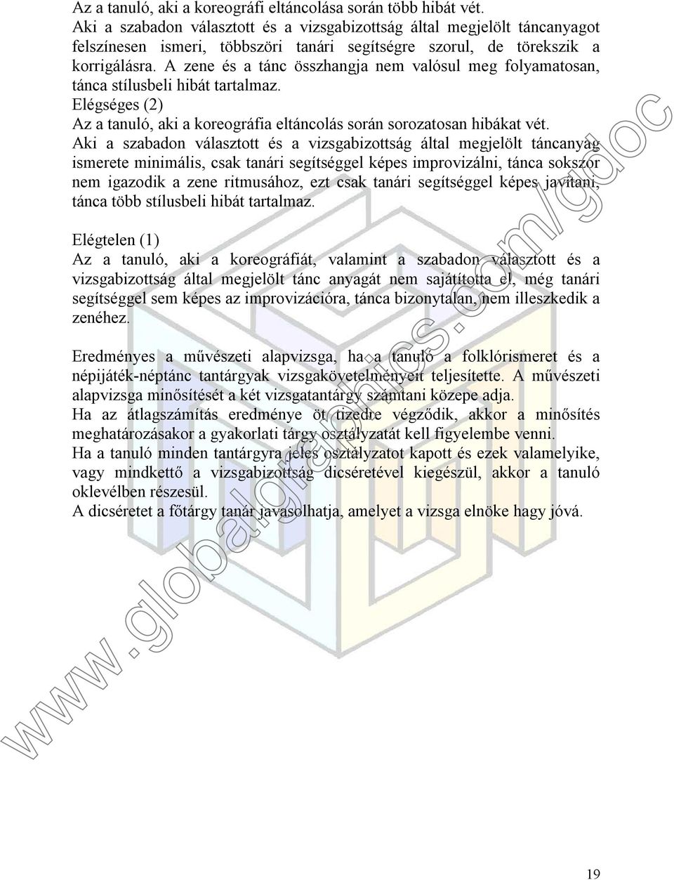 A zene és a tánc összhangja nem valósul meg folyamatosan, tánca stílusbeli hibát tartalmaz. Elégséges (2) Az a tanuló, aki a koreográfia eltáncolás során sorozatosan hibákat vét.