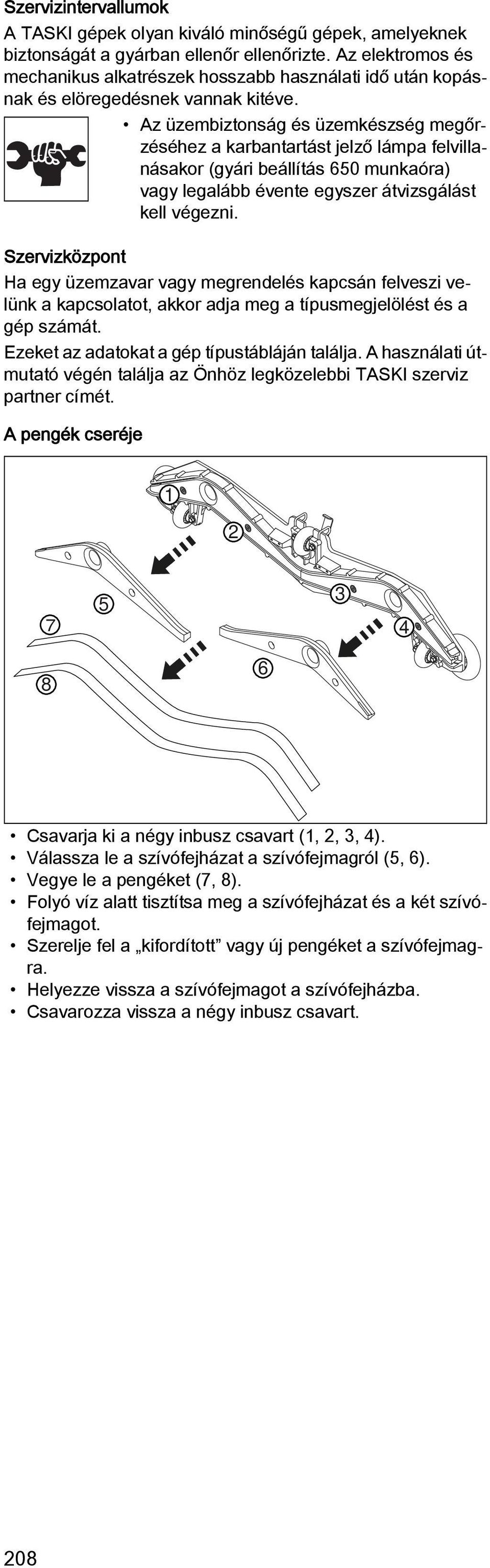 Az üzembiztonság és üzemkészség megőrzéséhez a karbantartást jelző lámpa felvillanásakor (gyári beállítás 650 munkaóra) vagy legalább évente egyszer átvizsgálást kell végezni.