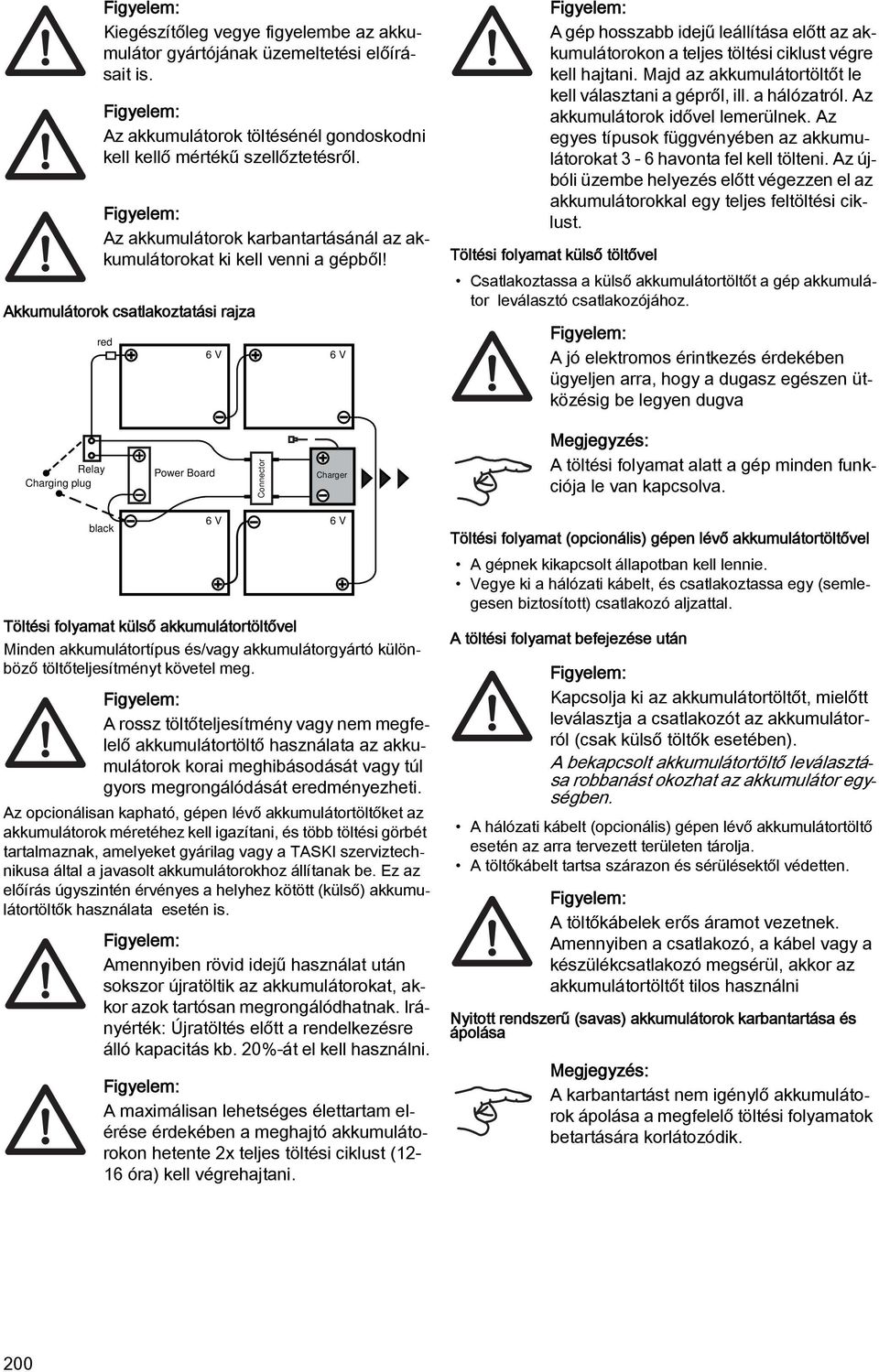 Akkumulátorok csatlakoztatási rajza red 6 V 6 V A gép hosszabb idejű leállítása előtt az akkumulátorokon a teljes töltési ciklust végre kell hajtani.