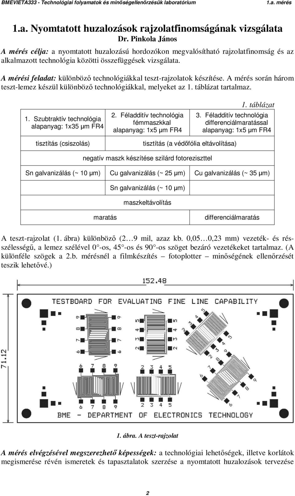 A mérési feladat: különböző technológiákkal teszt-rajzolatok készítése. A mérés során három teszt-lemez készül különböző technológiákkal, melyeket az 1.