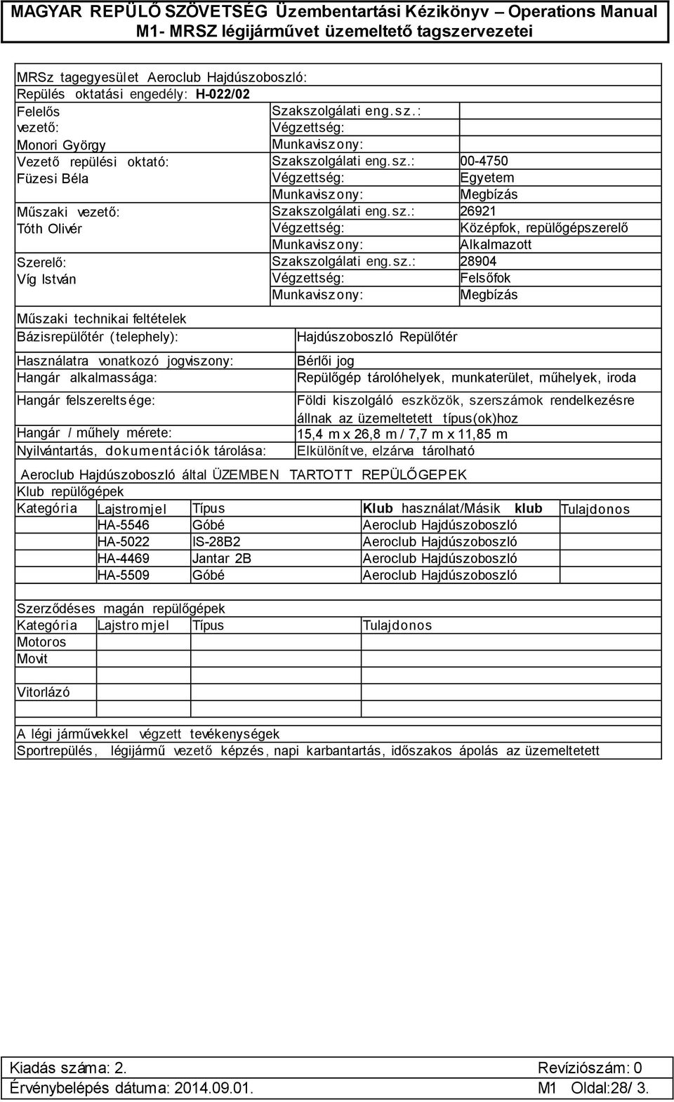 26,8 m / 7,7 m x 11,85 m Aeroclub Hajdúszoboszló által ÜZEMBEN TARTOTT REPÜLŐGEPEK HA-5546 Góbé Aeroclub Hajdúszoboszló HA-5022 IS-28B2