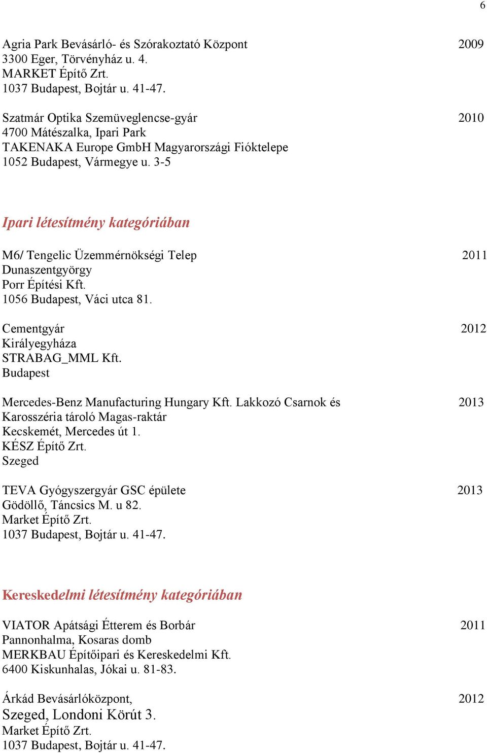 3-5 Ipari létesítmény kategóriában M6/ Tengelic Üzemmérnökségi Telep 2011 Dunaszentgyörgy Porr Építési Kft. 1056, Váci utca 81. Cementgyár 2012 Királyegyháza STRABAG_MML Kft.