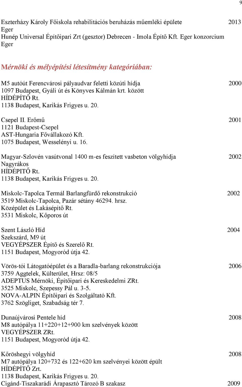 1138, Karikás Frigyes u. 20. Csepel II. Erőmű 2001 1121 -Csepel AST-Hungaria Fővállakozó Kft. 1075, Wesselényi u. 16.