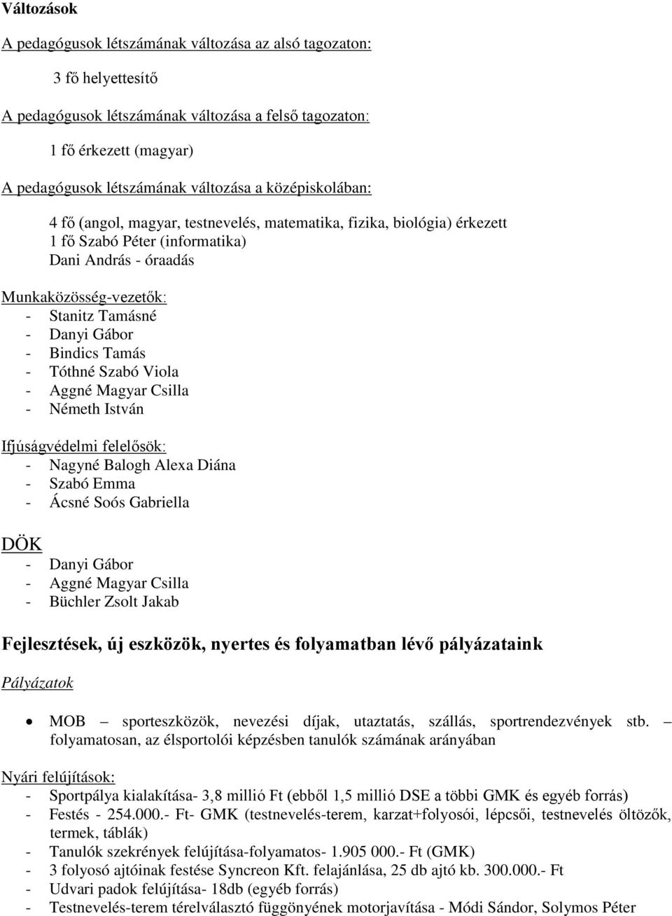 Bindics Tamás - Tóthné Szabó Viola - Aggné Magyar Csilla - Németh István Ifjúságvédelmi felelősök: - Nagyné Balogh Alexa Diána - Szabó Emma - Ácsné Soós Gabriella DÖK - Danyi Gábor - Aggné Magyar