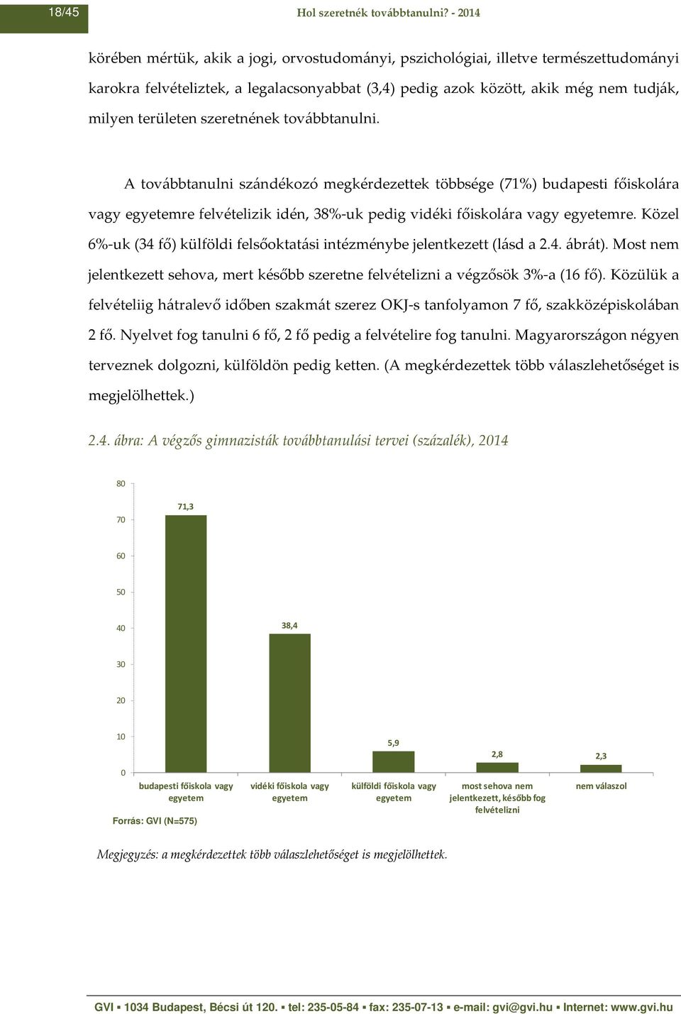 szeretnének továbbtanulni. A továbbtanulni szándékozó megkérdezettek többsége (71%) budapesti főiskolára vagy egyetemre felvételizik idén, 38%-uk pedig vidéki főiskolára vagy egyetemre.