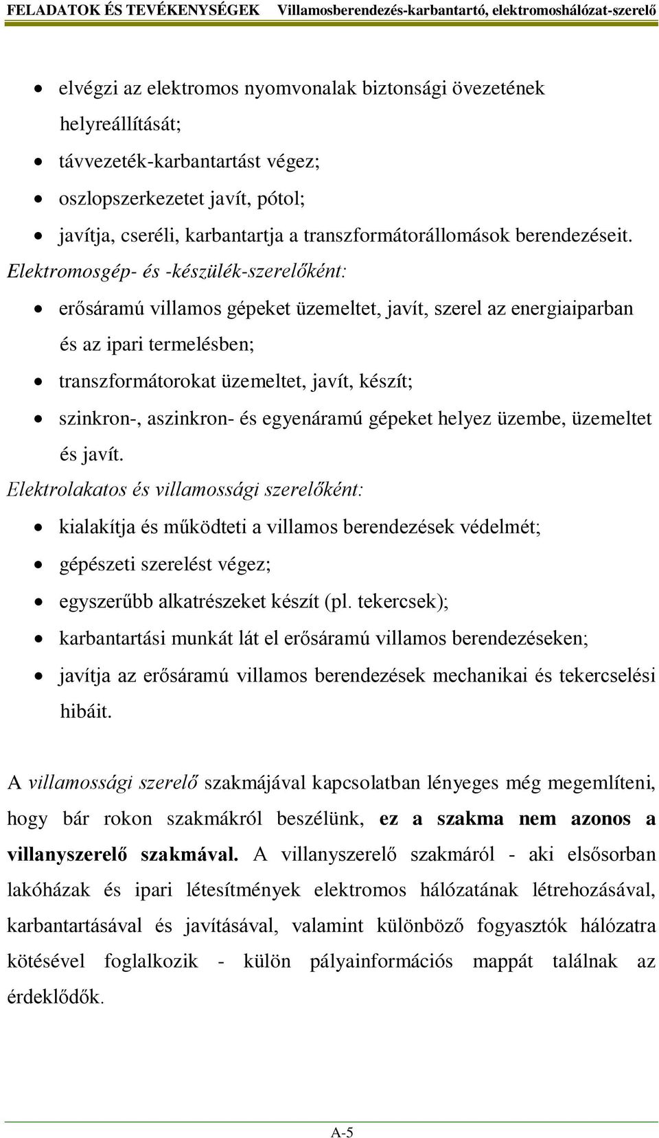 Elektromosgép- és -készülék-szerelőként: erősáramú villamos gépeket üzemeltet, javít, szerel az energiaiparban és az ipari termelésben; transzformátorokat üzemeltet, javít, készít; szinkron-,
