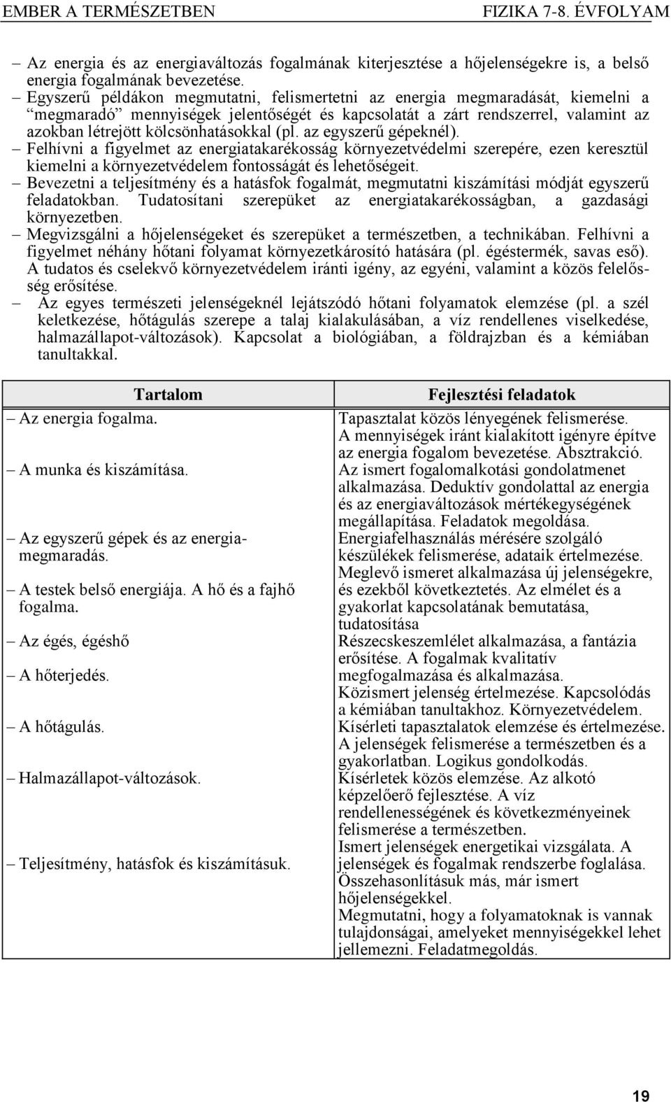 (pl. az egyszerű gépeknél). Felhívni a figyelmet az energiatakarékosság környezetvédelmi szerepére, ezen keresztül kiemelni a környezetvédelem fontosságát és lehetőségeit.