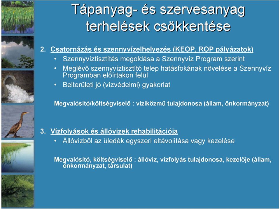 telep hatásfokának növelése a Szennyvíz Programban előírtakon felül Belterületi jó (vízvédelmi) gyakorlat Megvalósító/költségviselő : víziközmű