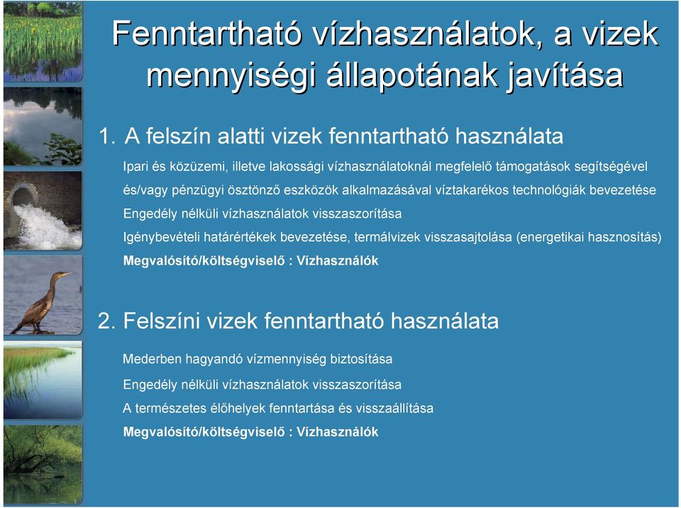 alkalmazásával víztakarékos technológiák bevezetése Engedély nélküli vízhasználatok visszaszorítása Igénybevételi határértékek bevezetése, termálvizek visszasajtolása