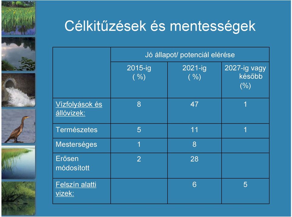 (%) Vízfolyások és állóvizek: 8 47 1 Természetes 5 11 1