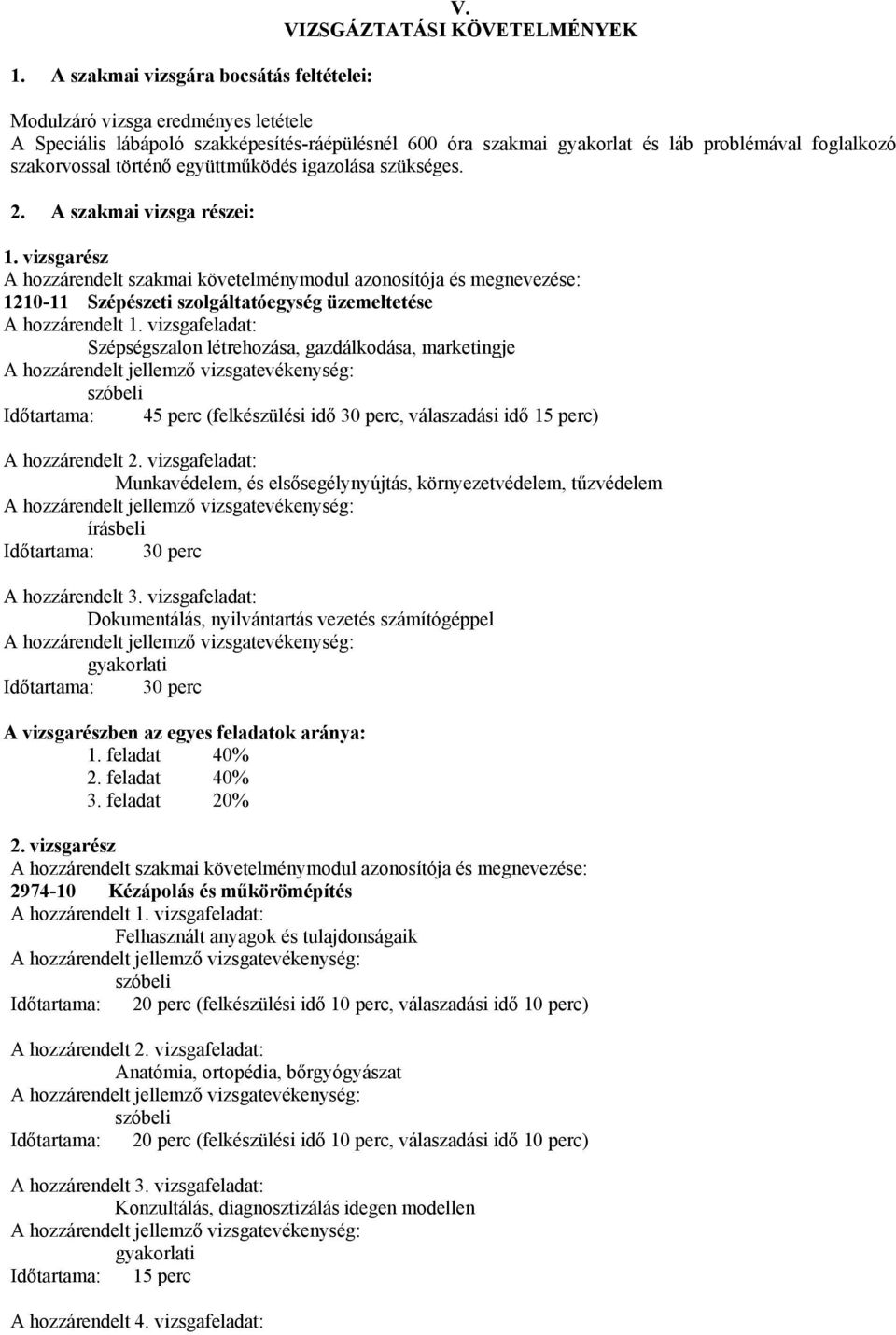 igazolása szükséges. 2. szakmai vizsga részei: 1. vizsgarész hozzárendelt szakmai követelménymodul azonosítója és megnevezése: 1210-11 Szépészeti szolgáltatóegység üzemeltetése hozzárendelt 1.