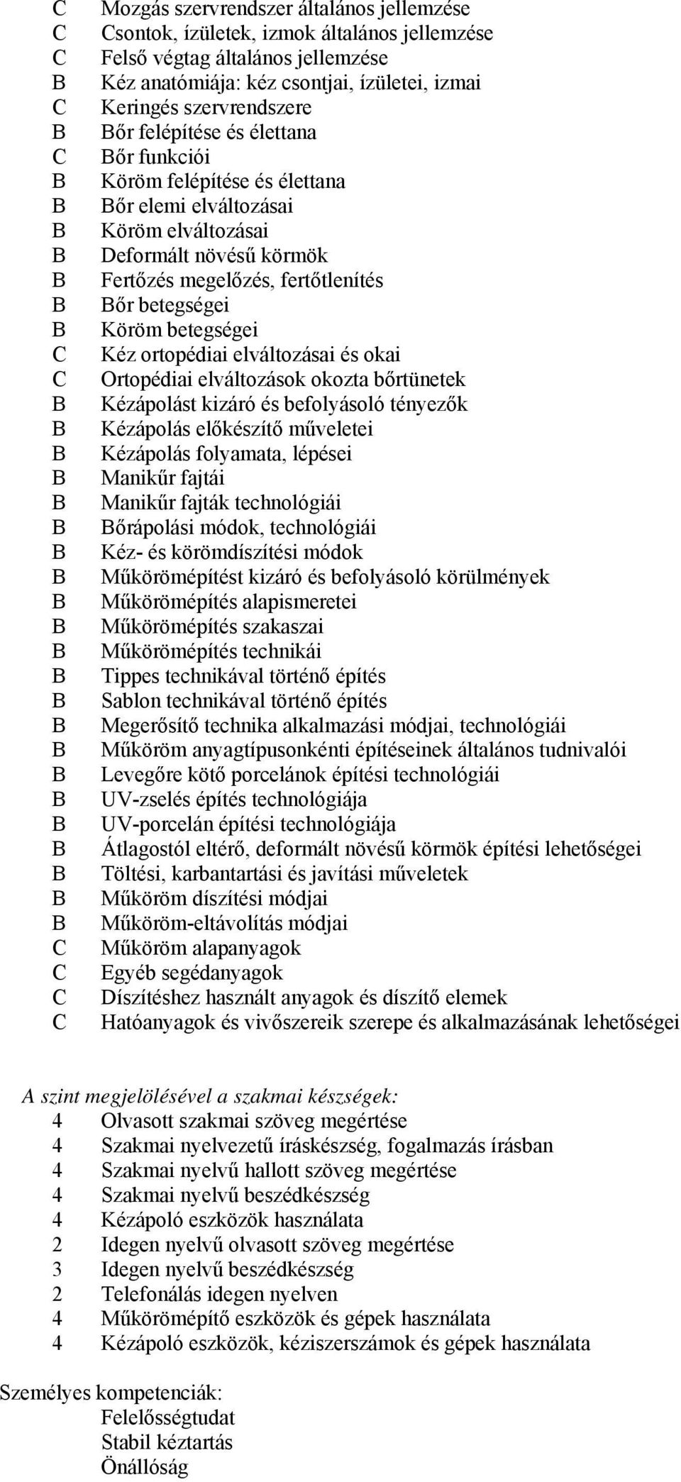 ortopédiai elváltozásai és okai Ortopédiai elváltozások okozta bőrtünetek Kézápolást kizáró és befolyásoló tényezők Kézápolás előkészítő műveletei Kézápolás folyamata, lépései Manikűr fajtái Manikűr