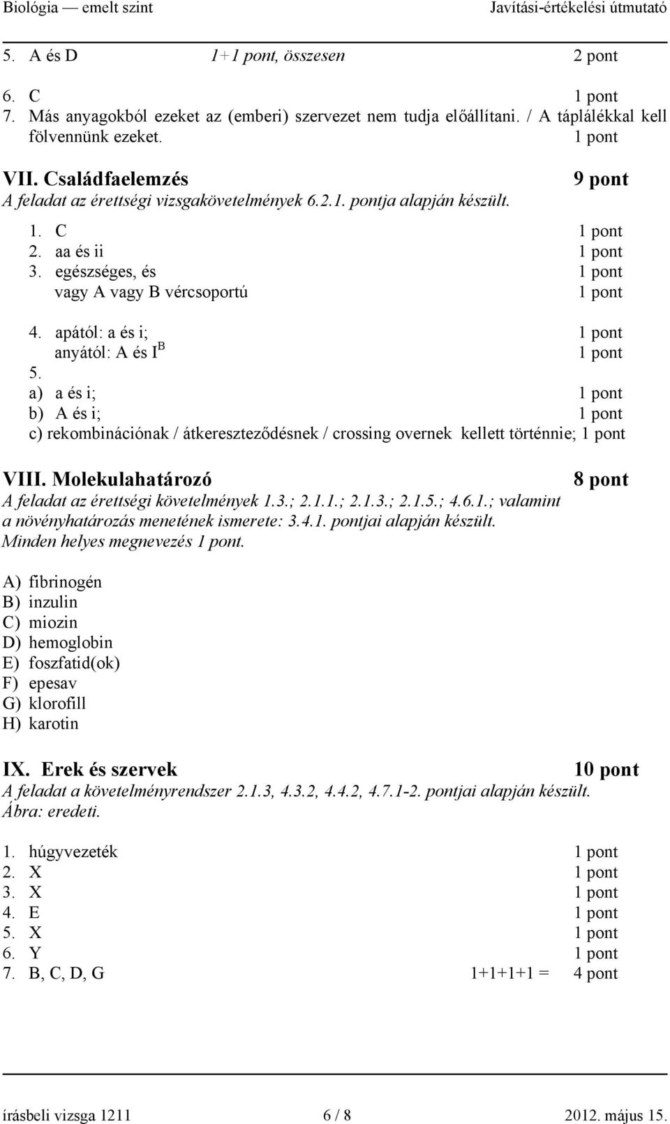 a) a és i; b) A és i; c) rekombinációnak / átkereszteződésnek / crossing overnek kellett történnie; VIII. Molekulahatározó A feladat az érettségi követelmények 1.