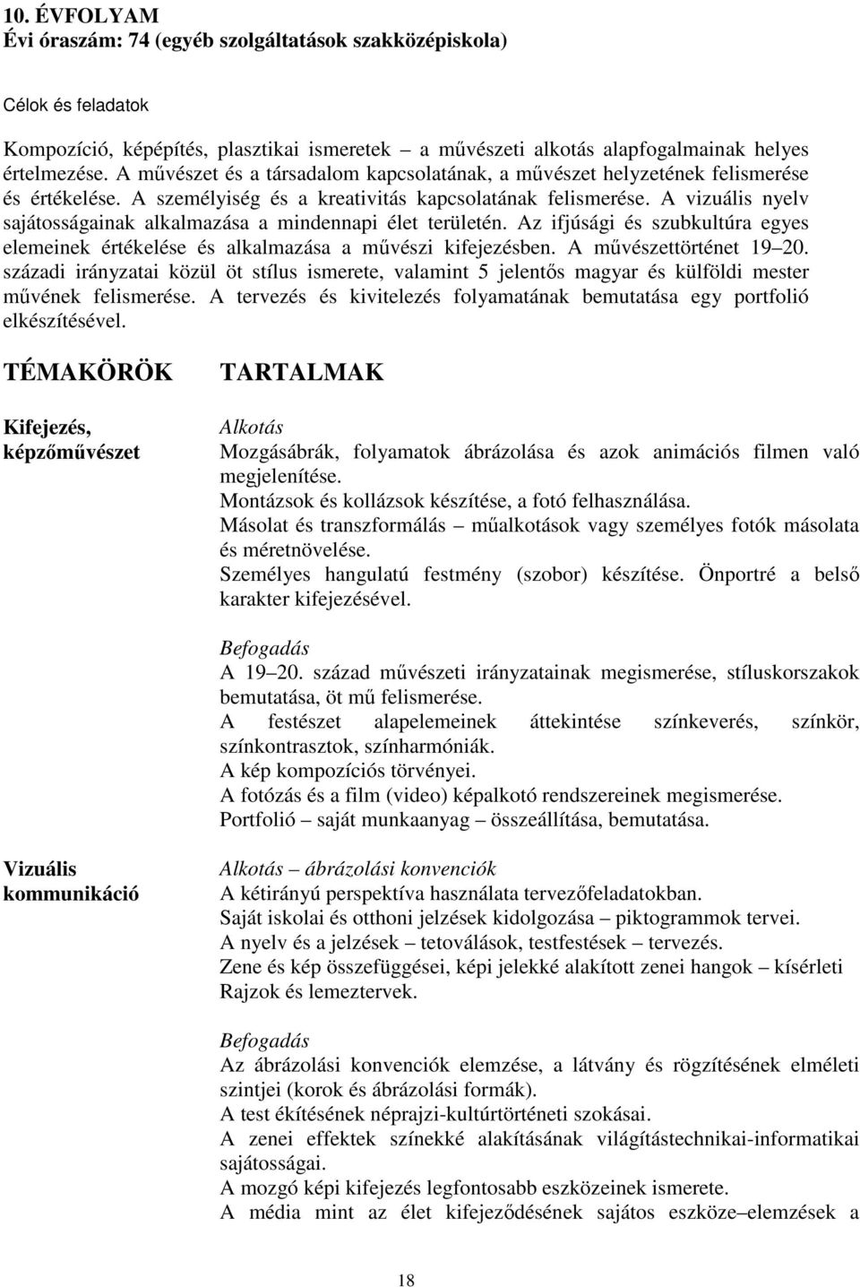 A vizuális nyelv sajátosságainak alkalmazása a mindennapi élet területén. Az ifjúsági és szubkultúra egyes elemeinek értékelése és alkalmazása a mővészi kifejezésben. A mővészettörténet 19 20.