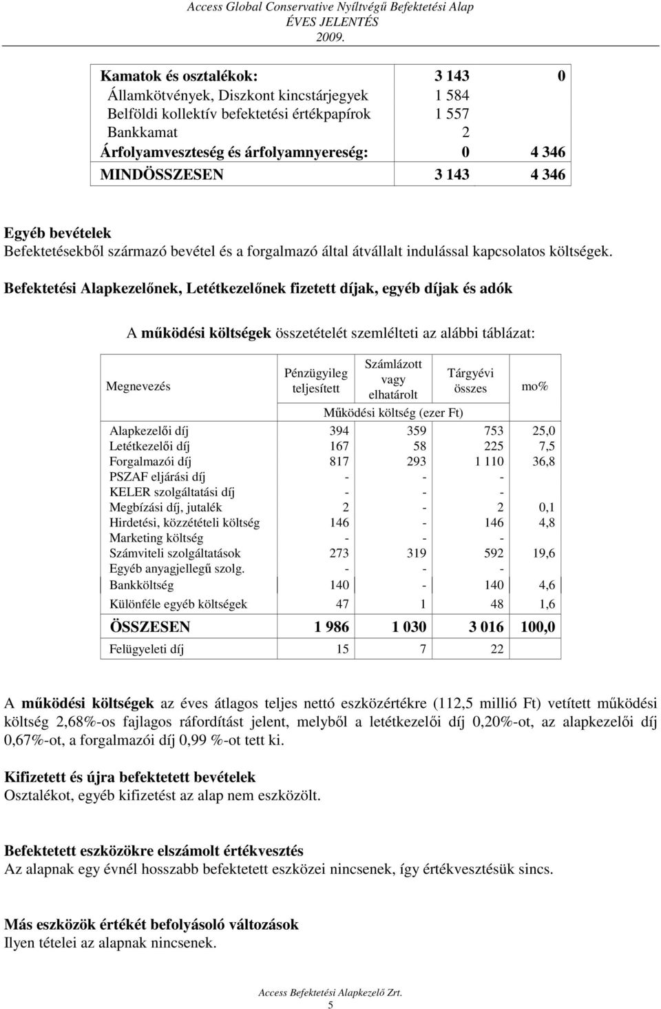 Befektetési Alapkezelőnek, Letétkezelőnek fizetett díjak, egyéb díjak és adók A működési költségek összetételét szemlélteti az alábbi táblázat: Megnevezés Pénzügyileg teljesített Számlázott vagy