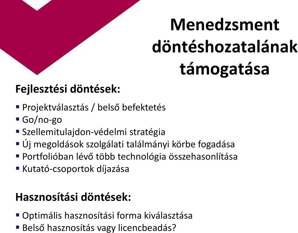 körbe fogadása Portfolióban lévő több technológia összehasonlítása Kutató-csoportok díjazása