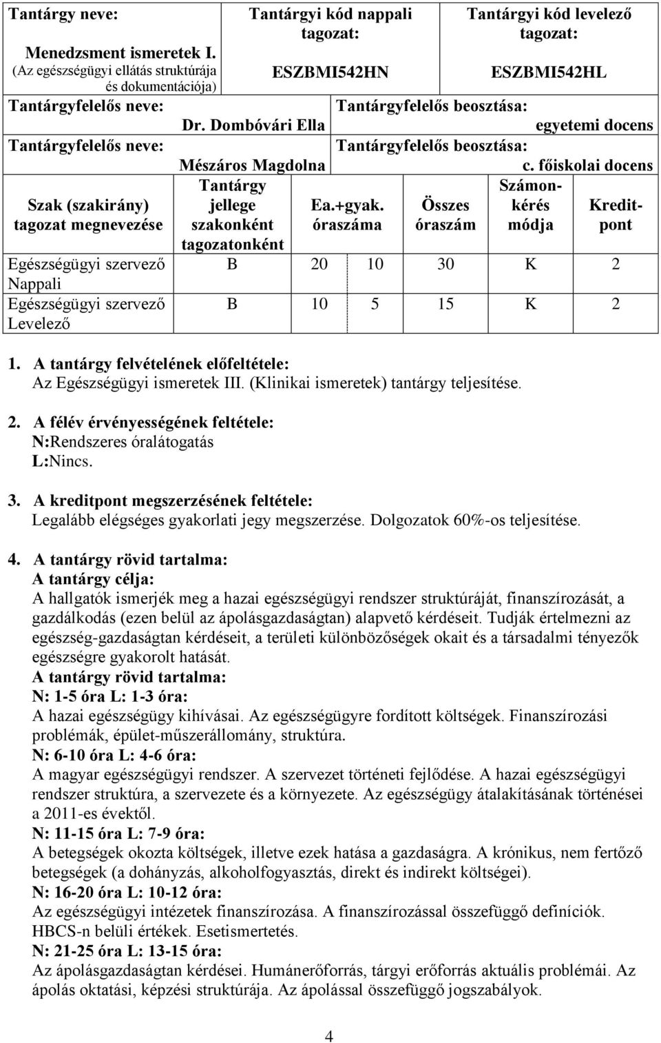 Dombóvári Ella Mészáros Magdolna Tantárgy jellege szakonként tagozatonként ESZBMI542HN Ea.+gyak.