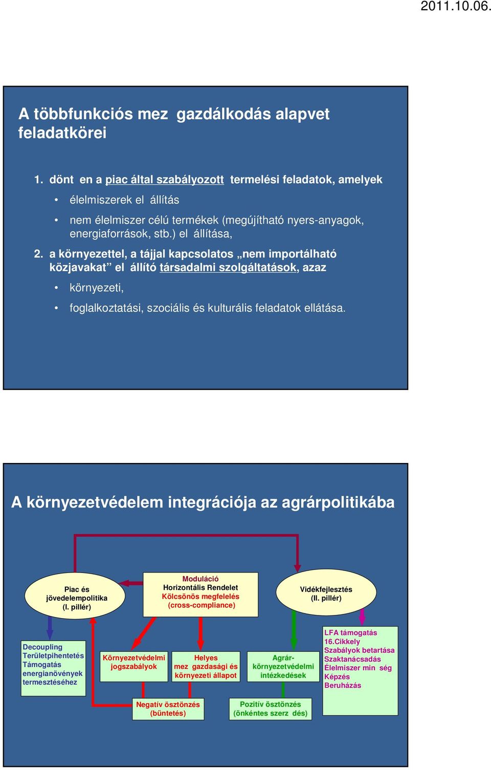 a környezettel, a tájjal kapcsolatos nem importálható közjavakat elállító társadalmi szolgáltatások, azaz környezeti, foglalkoztatási, szociális és kulturális feladatok ellátása.