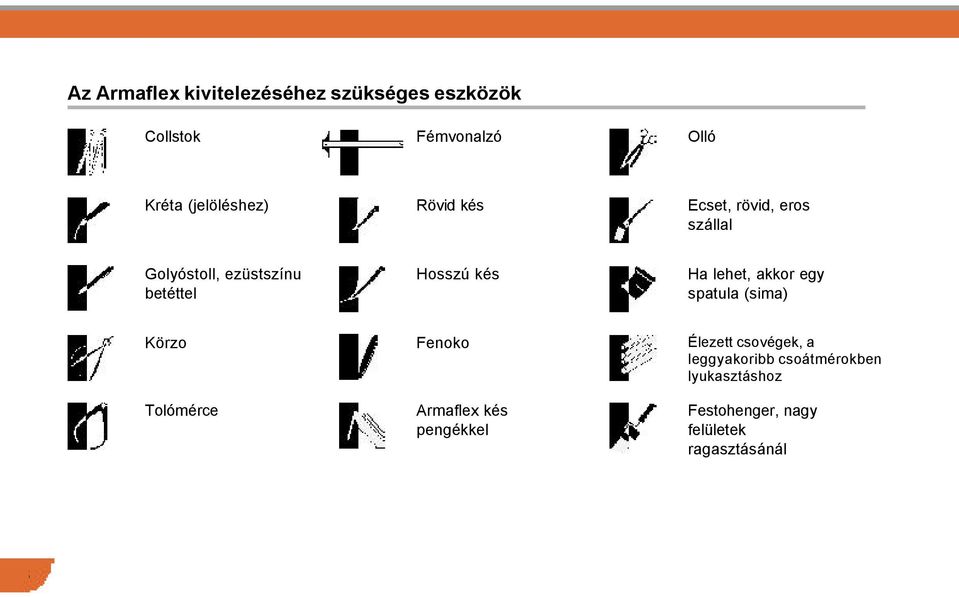 kés Ha lehet, akkor egy spatula (sima) Körzo Tolómérce Fenoko Armaflex kés pengékkel