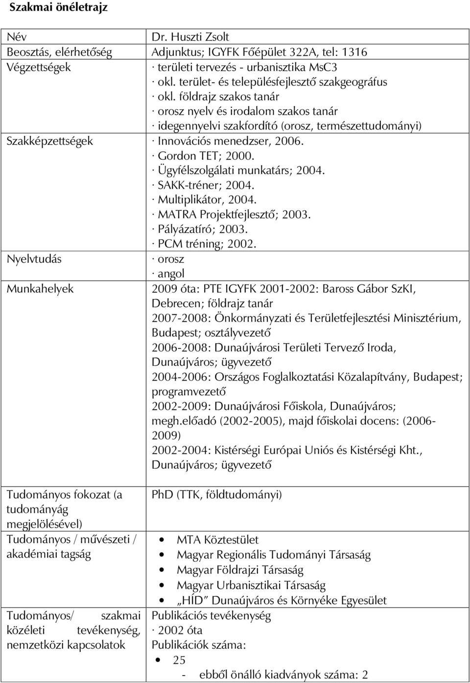 földrajz szakos tanár orosz nyelv és irodalom szakos tanár idegennyelvi szakfordító (orosz, természettudományi) Szakképzettségek Innovációs menedzser, 2006. Gordon TET; 2000.