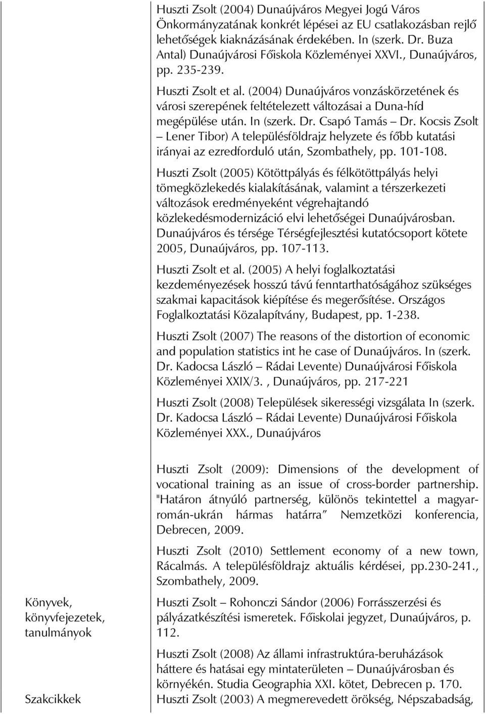 (2004) Dunaújváros vonzáskörzetének és városi szerepének feltételezett változásai a Duna-híd megépülése után. In (szerk. Dr. Csapó Tamás Dr.