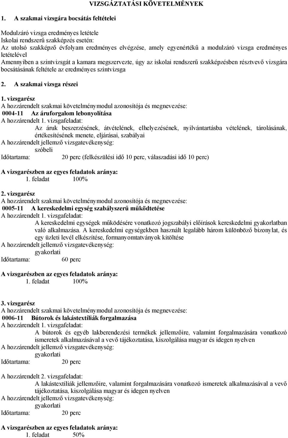 eredményes szintvizsga 2. A szakmai vizsga részei 1. vizsgarész A hozzárendelt szakmai követelménymodul azonosítója és megnevezése: 0004-11 Az áruforgalom lebonyolítása A hozzárendelt 1.