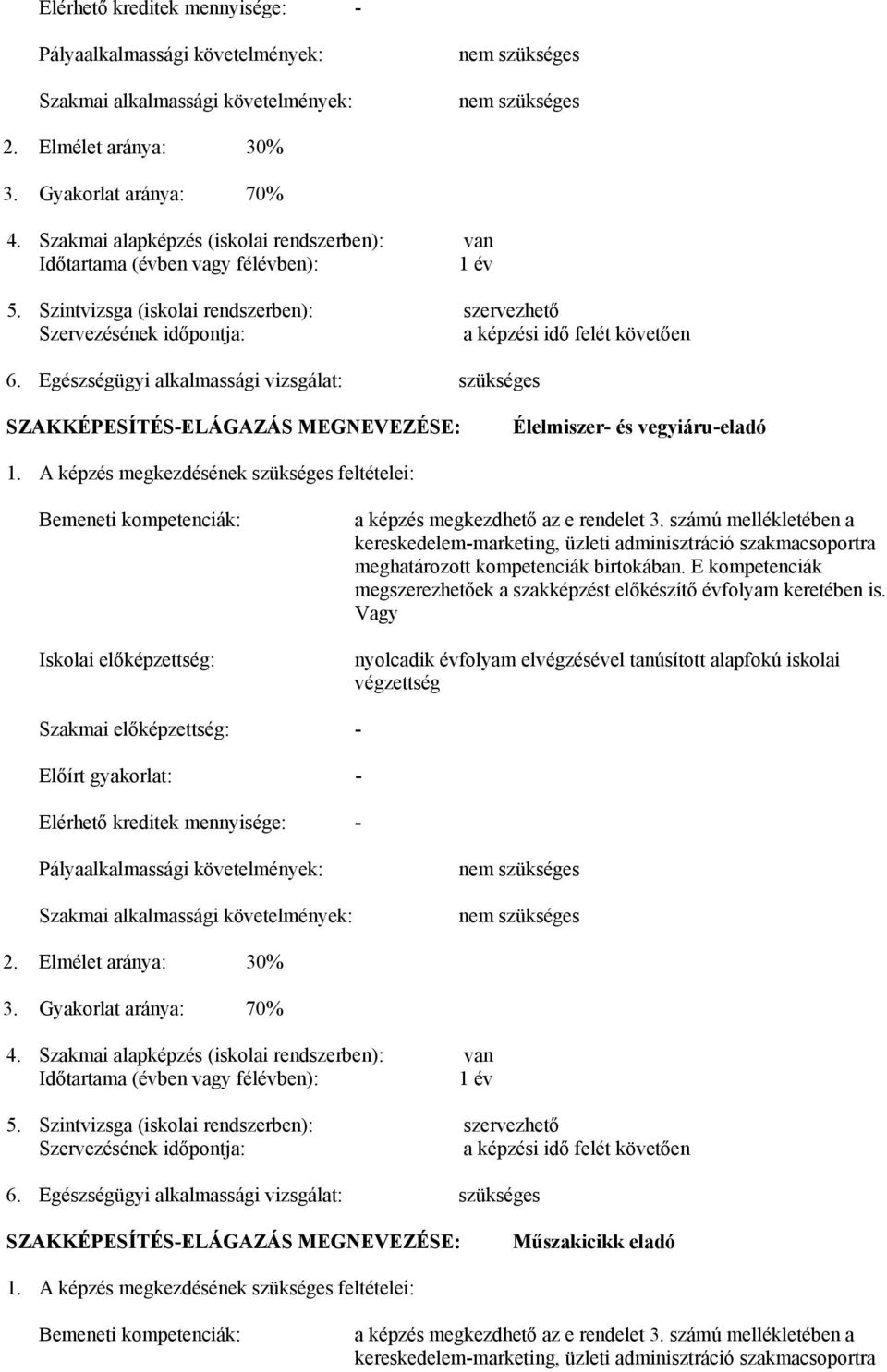 Egészségügyi alkalmassági vizsgálat: szükséges SZAKKÉPESÍTÉS-ELÁGAZÁS MEGNEVEZÉSE: Élelmiszer- és vegyiáru-eladó 1.