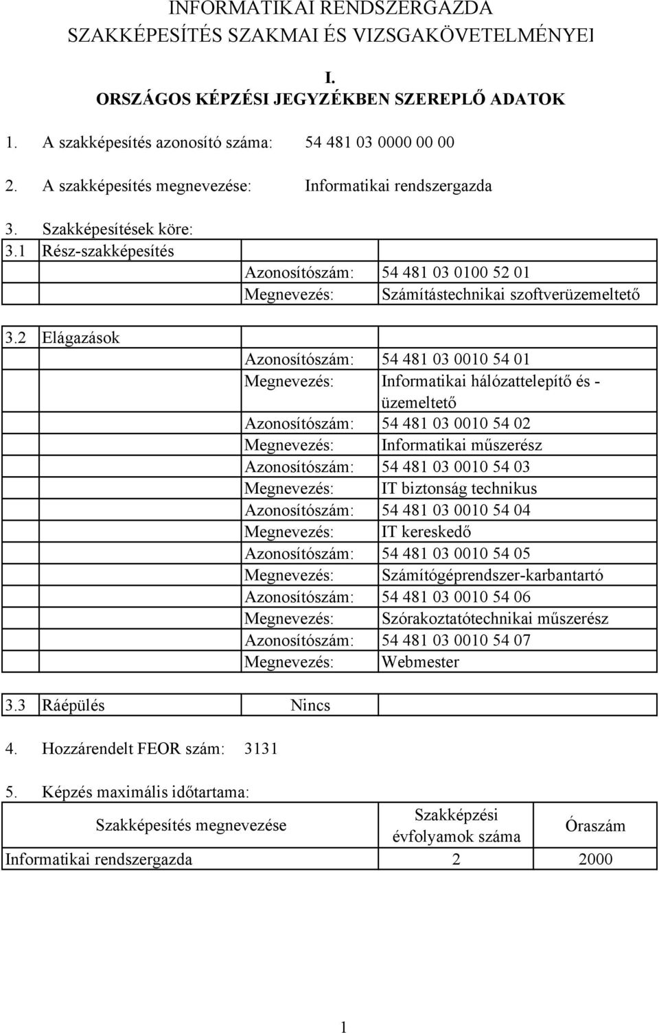 Hozzárendelt FEOR szám: Azonosítószám: 54 481 03 0100 52 01 Megnevezés: Számítástechnikai szoftverüzemeltető Azonosítószám: 54 481 03 0010 54 01 Megnevezés: Informatikai hálózattelepítő és üzemeltető