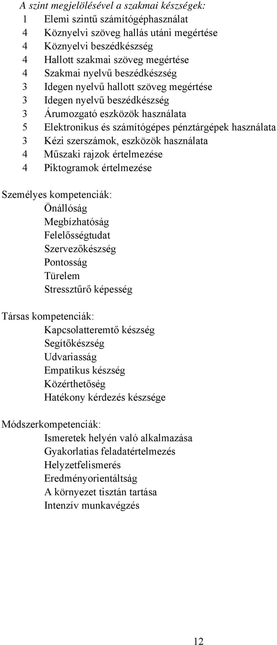 eszközök használata 4 Műszaki rajzok értelmezése 4 Piktogramok értelmezése Személyes kompetenciák: Önállóság Megbízhatóság Felelősségtudat Szervezőkészség Pontosság Türelem Stressztűrő képesség